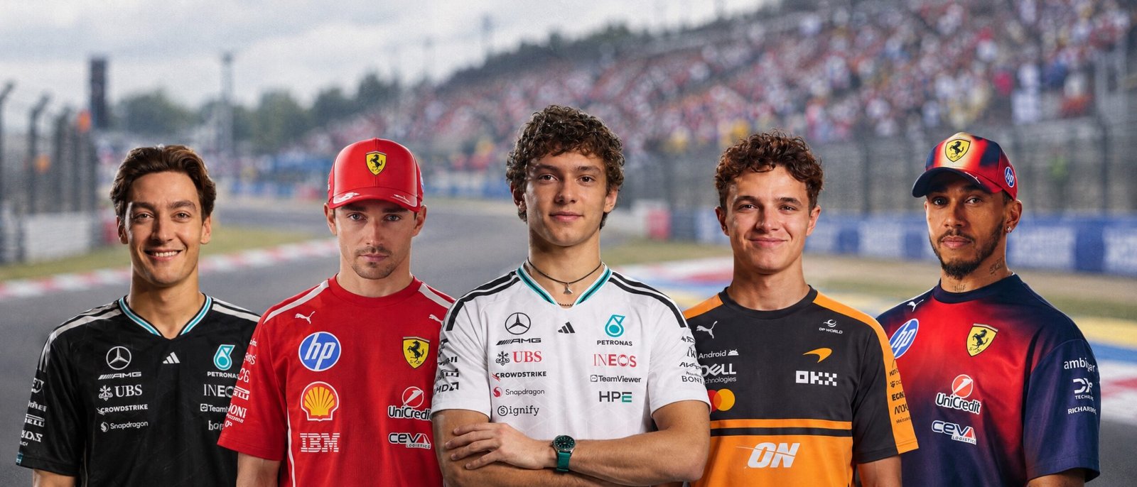 Russell, Leclerc, Antonelli, Norris and Hamilton