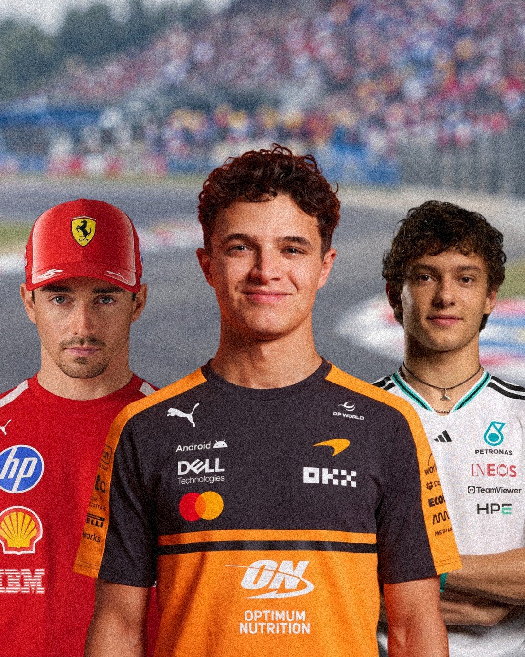 Charles Leclerc, Lando Norris and Kimi Antonelli in their 2026 team kits